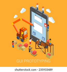 Flat 3d isometric mobile GUI interface prototyping web development infographic concept vector. Crane people creating interface on phone tablet. UI/UX, usability, mockup, wireframe development concept.