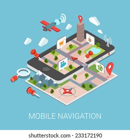 Flat 3d isometric mobile navigation web infographic concept vector. Paper map touch screen gps tablet layer marker points POI satellite search magnifier city building route tracking pin street view.