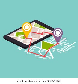 Flat 3d Isometric Mobile Navigation Maps Info Graphic  With Marker. 