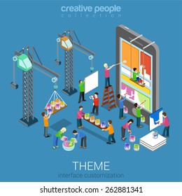 Flat 3d isometric mobile theme user interface customization web infographic concept vector. Crane people painting changing interface on phone tablet. Usability, mockup, wireframe, UI/UX concept.