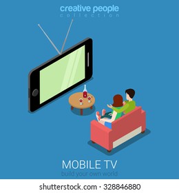 Flat 3d Isometric Mobile TV Web Infographics Concept. Couple On Sofa Watching Television On Big Smart Phone Screen. Creative People Collection.