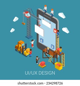 Flat 3d Isometric Mobile UI/UX Design Web Infographic Concept Vector. Crane People Creating Interface On Phone Tablet. User Interface Experience, Usability, Mockup, Wireframe Development Concept.