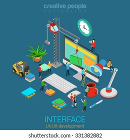 Flat 3d isometric mobile UI/UX GUI design web infographic concept vector. Crane people creating interface on computer User interface experience usability mock up wireframe software development concept