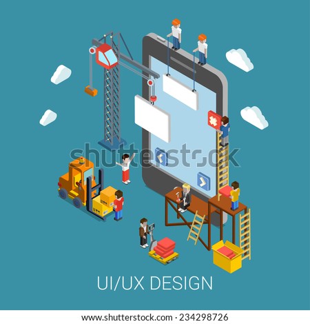 Flat 3d isometric mobile UI/UX design web infographic concept vector. Crane people creating interface on phone tablet. User interface experience, usability, mockup, wireframe development concept.