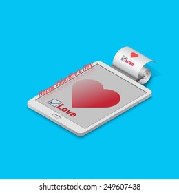 Flat 3d isometric mobile, Valentine's Day greeting, heart on a mobile tablet. EPS10