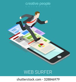 Flat 3d isometric mobile web surfer infographics concept. Businessman running big web pages path smart phone. Creative people collection.