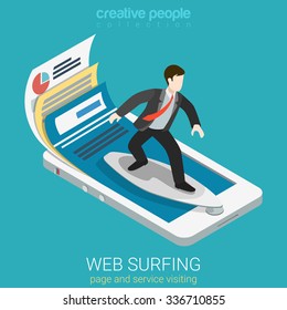 Flat 3d isometric mobile web surfer infographics concept. Businessman surfing on surfboard webpage set on smart phone. Creative people collection.