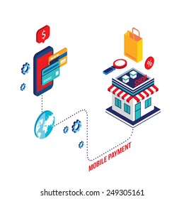 Flat 3d isometric modern design Mobile payment Online shopping and e-commerce concept Vector illustration