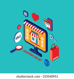 Flat 3d isometric modern design Shopping online Successful business e-commerce concept