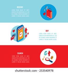 Flat 3d isometric modern design Online shopping and e-commerce banner set