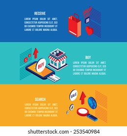 Flat 3d isometric modern design Online shopping and e-commerce banner set