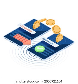 Transferencia plana de dinero 3d isométrica de la banca en línea a otro Smartphone. Transferencia de dinero y concepto de banca en línea.