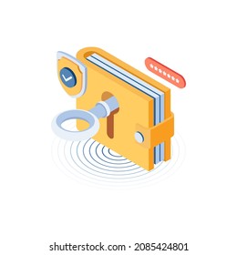 Flat 3d Isometric Money Wallet with Security System. Money Protection and Financial Security.