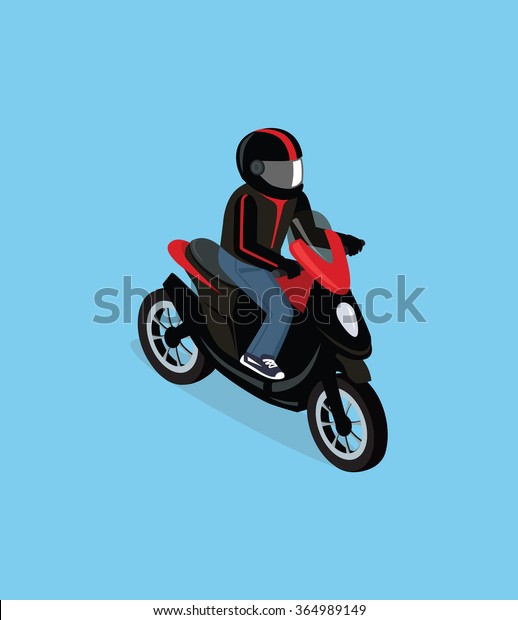 Flat 3d isometric motorcyclist on motorcycle. Biker\
top view