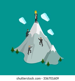 Flat 3d isometric mountain climb top winner trophy concept web infographics vector illustration. Creative people collection.