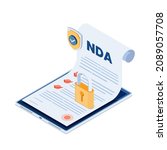 Flat 3d Isometric NDA Document with Shield and Lock on Digital Tablet. Non Disclosure Agreement Contract Concept.