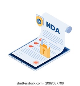 Documento NDA isométrico plano 3d con Escudo y bloqueo en tableta digital. Concepto del contrato de no divulgación de información.