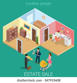Flat 3d isometric new family accomodation sold real estate business concept web infographics vector illustration. Agent gives key man money mother pram home playground pool. Creative people collection