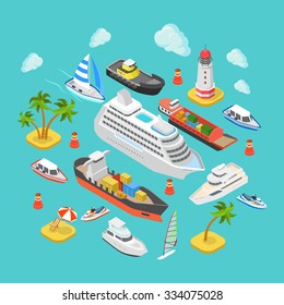 Flat 3d isometric ocean sea nautical water transport logistics concept web infographics vector illustration icon set. Cruise liner container longboat yacht jetski motor boat ship tropical beach island