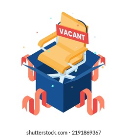 Flat 3d Isometric Office Chair Inside Gift Boxes Showing Up. Job Promotion and Employment Concept.