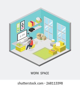 Flat 3d isometric office concept. Web style modern info graphics with digital office workplace.