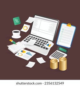 Flat 3d isometric office objects concept. Laptop, notepad, coffee cup, calculator, coins and checklist. Vector illustration