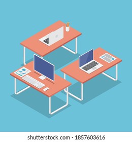 Flat 3d Isometric Office Workplace With Laptop And PC Monitor