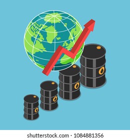 Flat 3d isometric oil barrel and rising graph with world. Increasing of oil price and petroleum industry concept.