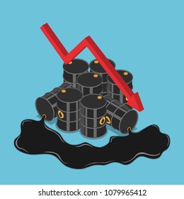 Flat 3d isometric oil barrels with falling graph. Oil price decrease and petroleum industry concept.