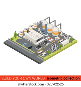 Flat 3d Isometric Oil Refinery Building Block Infographic Concept. Heavy Industry Processing Plant Chimney Gas Petroleum Cistern. Build Your Own Infographics World Collection.