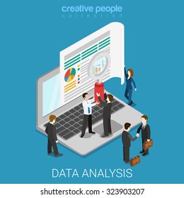 Flat 3d isometric online data analysis web infographics concept. Micro people hold magnifier before big laptop screen. Creative people collection.