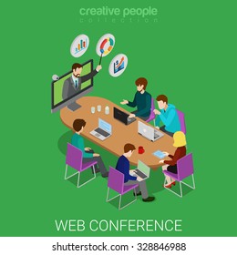 Flat 3d isometric online education webinar conference web infographics concept. Teacher coach from web camera and student class meeting room. Creative people collection.