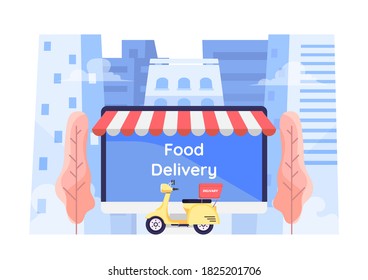 Flat 3d Isometric Online Food Ordering System on Computer Monitor Screen with Motocycle on City Background. Online Food Ordering and Delivery Service Concept.
