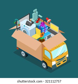 Flat 3d Isometric Online Internet Web Shopping Delivery Or Home Office Moving Concept. Mover Van Car Lorry With Open Deliver Box Full Of Electronics Goods Gift Present. Website Conceptual Infogaphics.