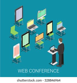 Flat 3d Isometric Online Internet Web Conference Infographics Concept. Businessman With Laptop On Tribune And Tablet Smart Phone Laptop Computer On Seats Replacing Real People. Creative Collection.