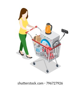 Flat 3d isometric online internet web shopping delivery or home office moving concept. Woman and home appliance electronics in store cart. Vacuum cleaner, iron, washing machine goods.