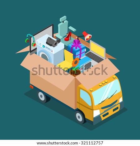 Flat 3d isometric online internet web shopping delivery or home office moving concept. Mover van car lorry with open deliver box full of electronics goods gift present. Website conceptual infogaphics.