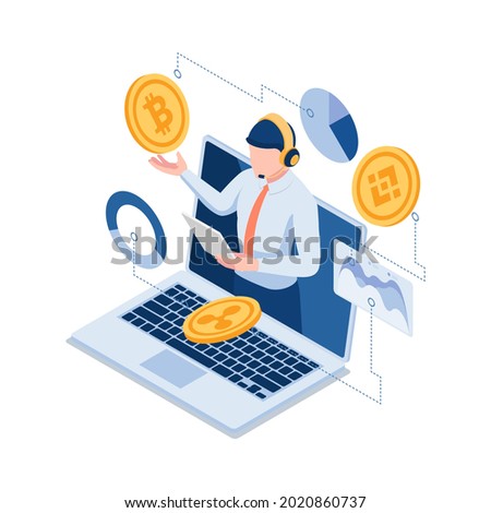 Flat 3d Isometric Online Investment Experts Explaining the Bitcoin and Other Cryptocurrency. Financial Investment Expert and Cryptocurrency Concept.