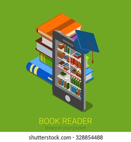 Flat 3d isometric online library web infographics concept. Electronic book reader lib tablet smartphone e-book shelf stand inside and big books around. Creative people collection.