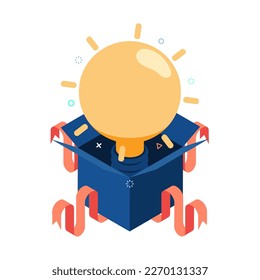 Flat 3d Isometric Open Gift Box with Idea Light Bulb. Think Outside The Box Concept.