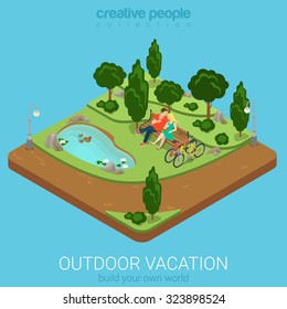 Flat 3d isometric outdoor vacation web infographics concept. Cycling couple relax on bench by the pond in forest park. Creative people collection.