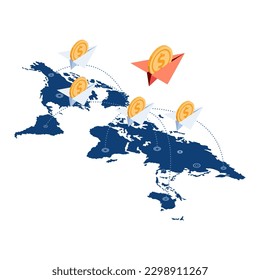 Flat 3d Isometric Paper Airplane with Dollar Coin Over World Map. Money Transfer and Economic Stimulus Concept