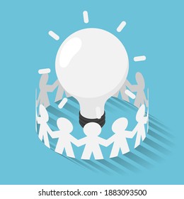 Flat 3d Isometric Paper People Surrounded Lightbulb Idea. Business Idea and Unity Concept