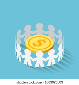 Flat 3d Isometric Paper People Surrounded Golden Dollar Coin. Money Protection and Financial Saving Insurance Concept