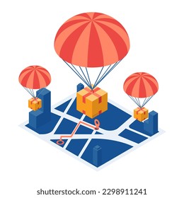 Flat 3d Isometric Parcel with Parachute Drop on City Map. Fast Delivery Service Concept.