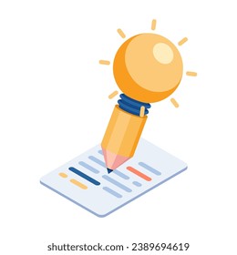 Flat 3d Isometric Pencil with Idea Writing Content. Creative Idea and Content Marketing Concept.
