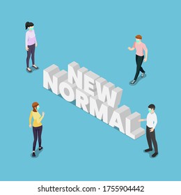 Flat 3d Isometric People Keep Distance in Public Society with New Normal Text. New Normal and Social Distancing for Preventing COVID-19 Coronavirus Infection Concept.