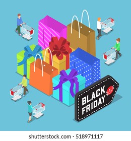 Flat 3d isometric people shopping in black friday sale, black friday sale concept
