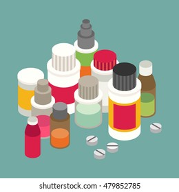 Flat 3d isometric pharmaceutics pharmacy drug web infographics vector illustration