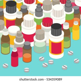 Flat 3d isometric pharmaceutics pharmacy drug web infographics vector illustration